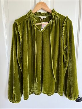 easel Olive Green Velvet Ruffle Tie-Neck Blouse NWT